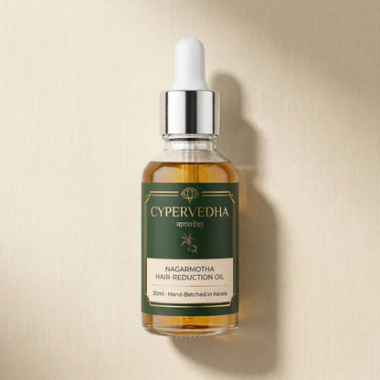 Cypervedha 30ml bottle with gold lotus medallion — sacred symbol of both Egyptian and Indian civilizations