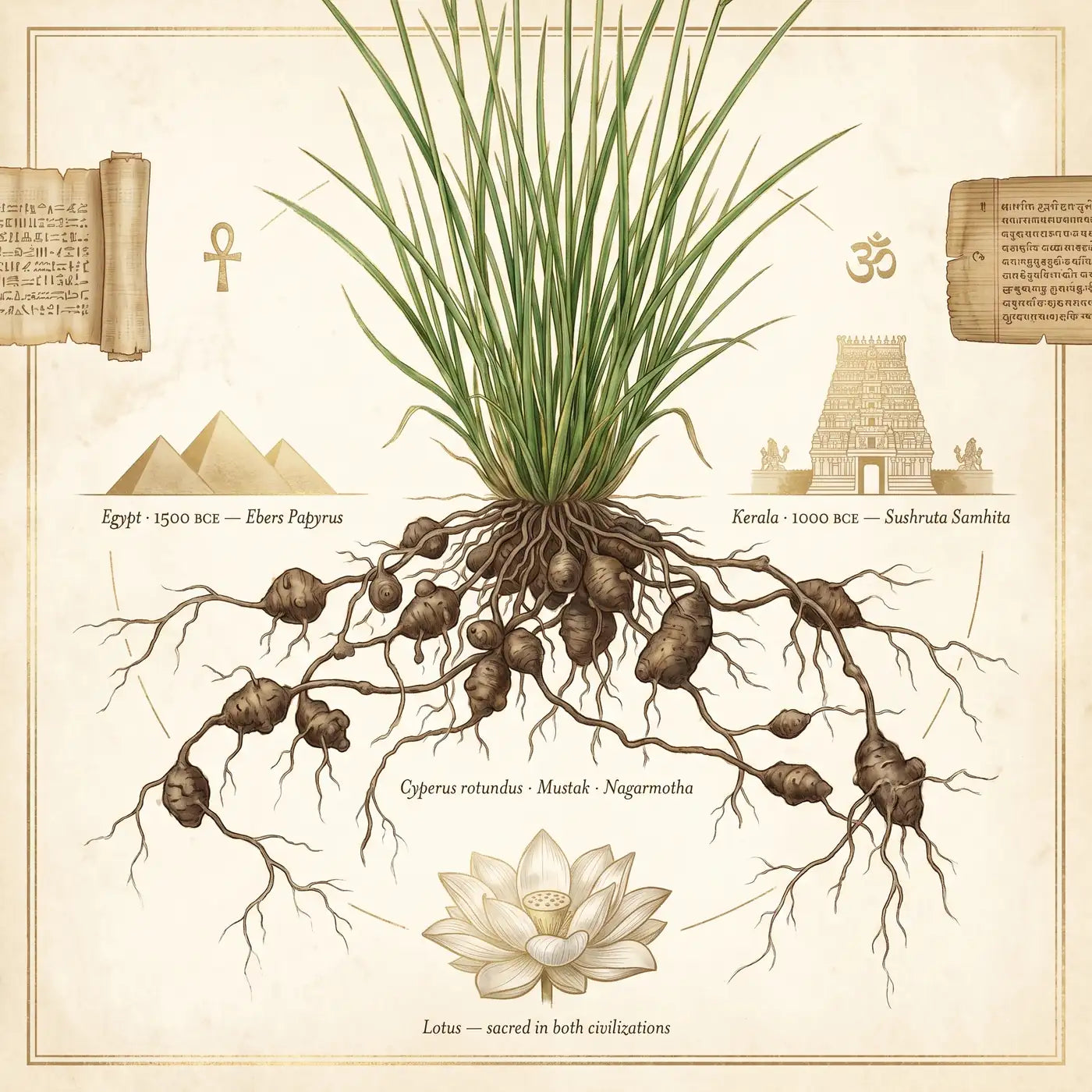 Cyperus rotundus botanical infographic — same plant in Ebers Papyrus 1500 BCE and Sushruta Samhita 1000 BCE