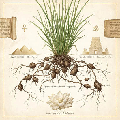Cyperus rotundus botanical infographic — same plant in Ebers Papyrus 1500 BCE and Sushruta Samhita 1000 BCE