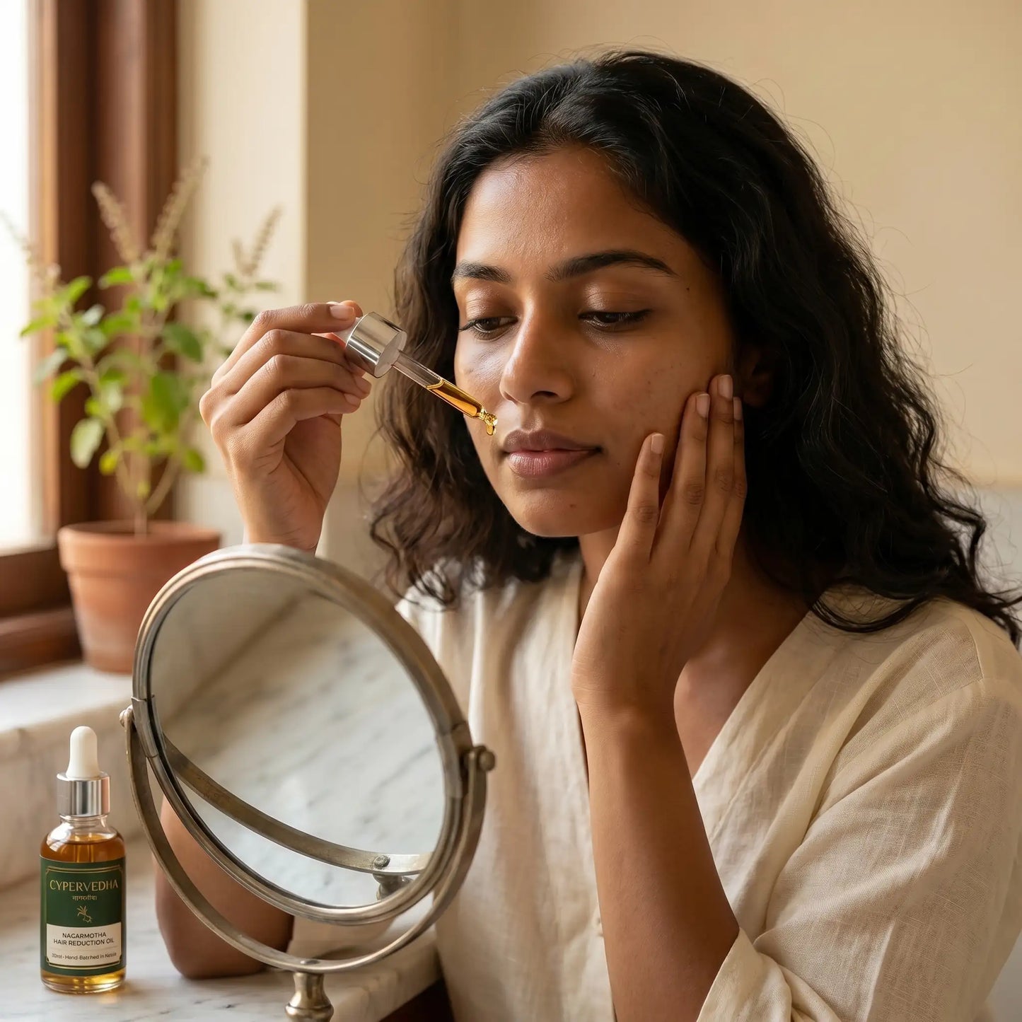 Indian woman applying Cypervedha Nagarmotha oil to upper lip in mirror — warm intimate ritual